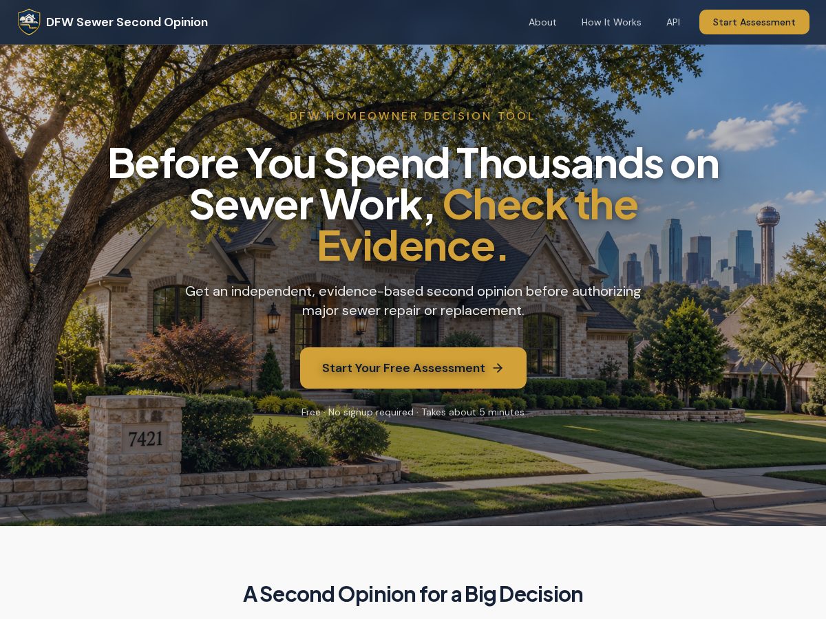 Landing-page snapshot of dfwsewersecondopinion.com