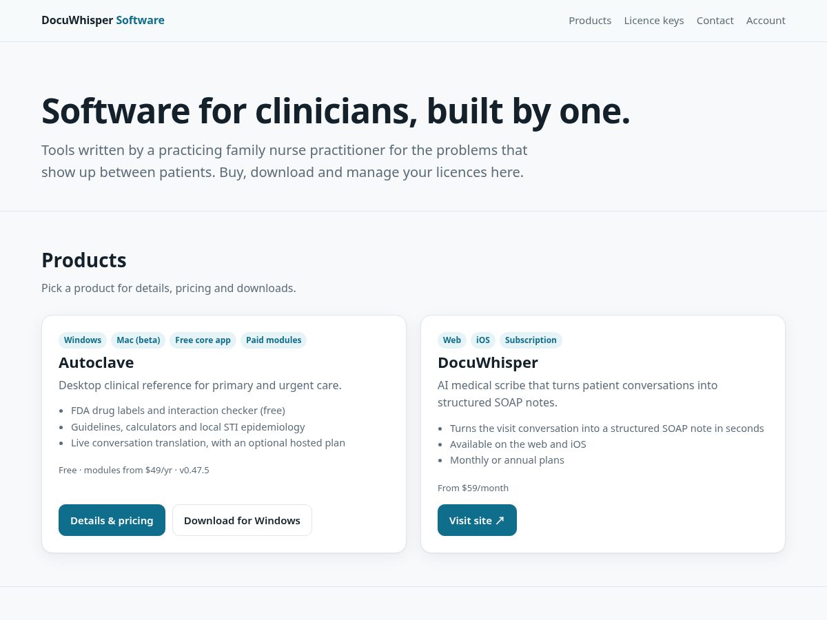 Landing-page snapshot of docuwhispersoftware.com