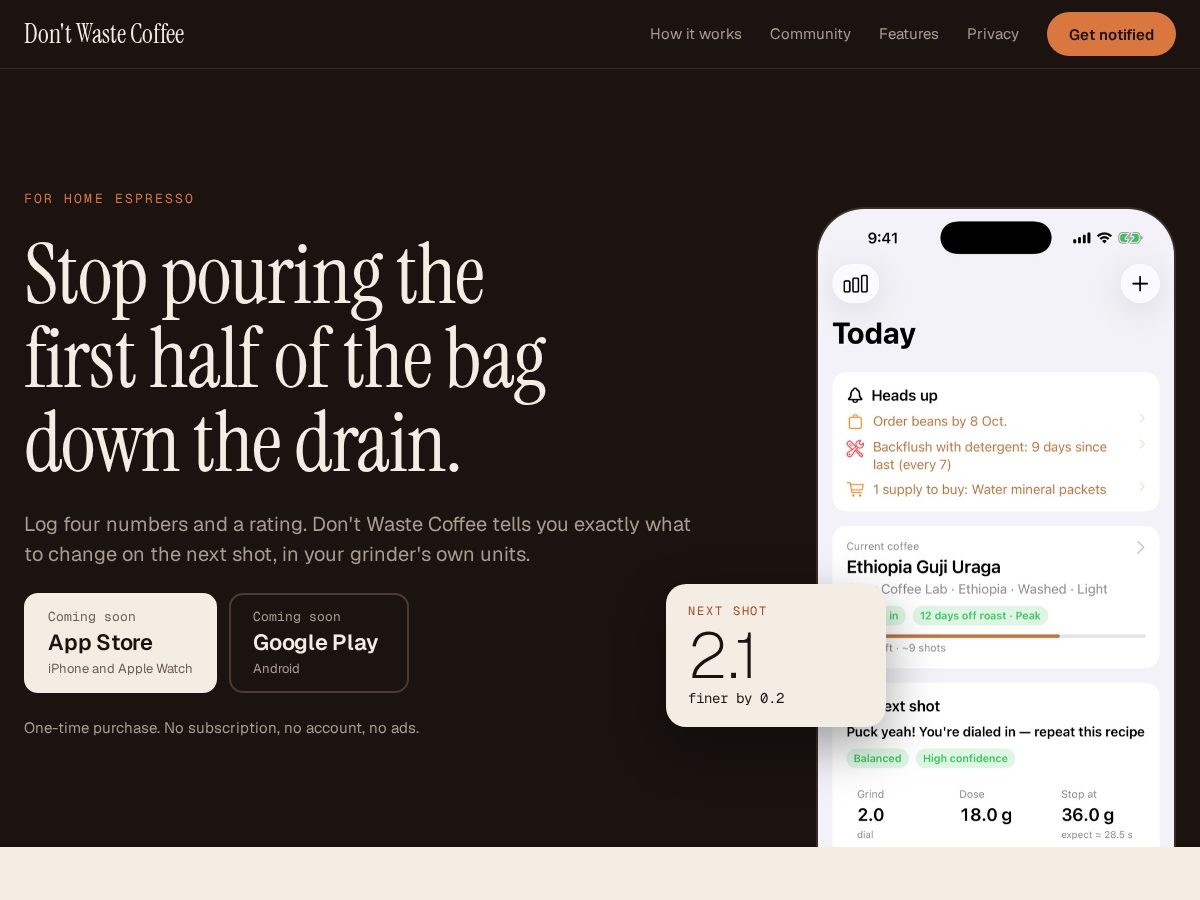 Landing-page snapshot of dontwastecoffeeapp.com