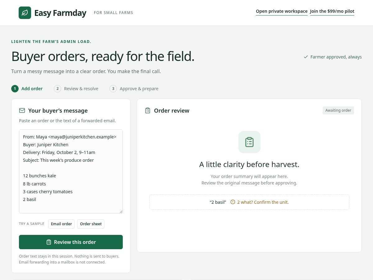 Landing-page snapshot of easyfarmday.com