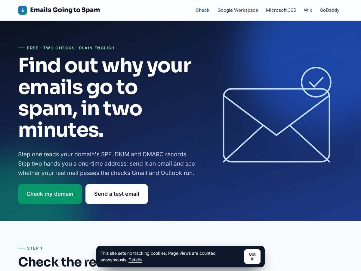 Landing-page snapshot of emailsgoingtospam.com