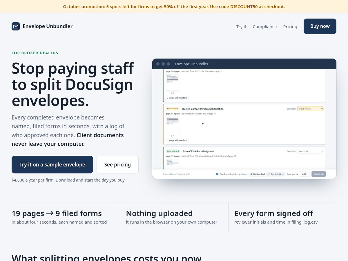 Landing-page snapshot of envelopeunbundler.com