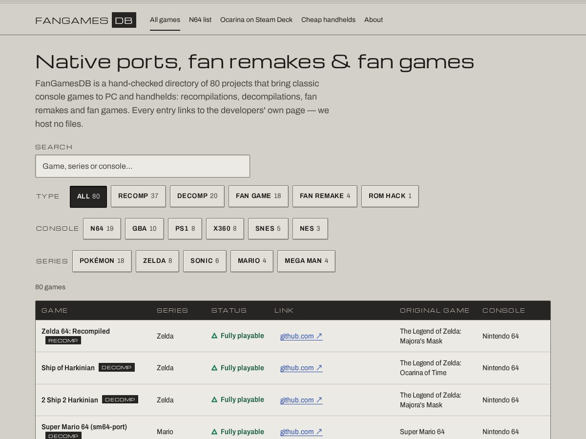 Landing-page snapshot of fangamesdb.com