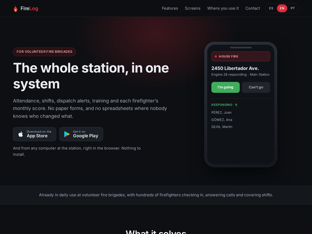 Landing-page snapshot of firelogstation.app