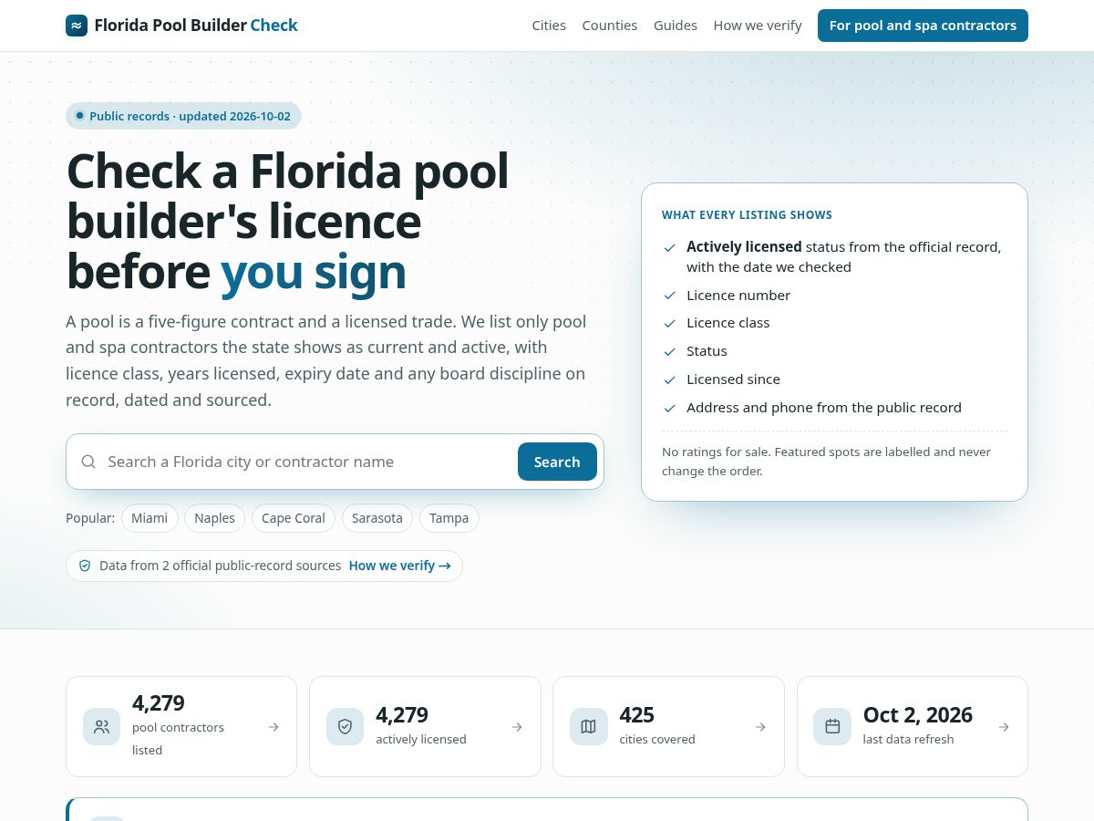 Landing-page snapshot of floridapoolbuildercheck.com