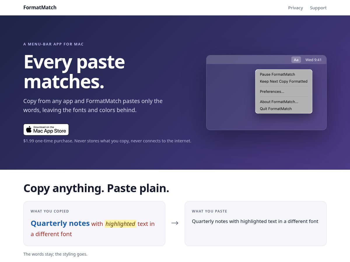 Landing-page snapshot of formatmatch.com