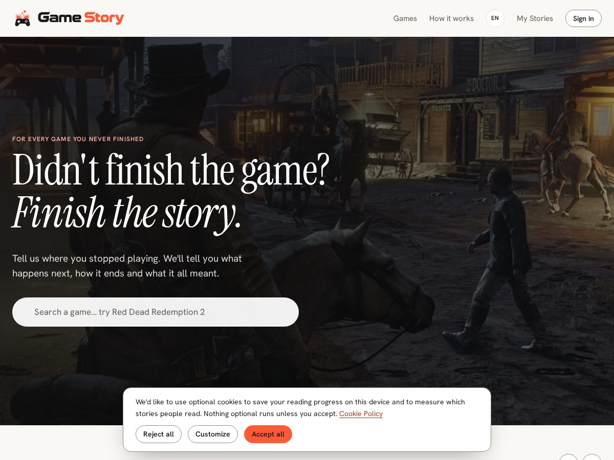 Landing-page snapshot of gamestoryexplained.com