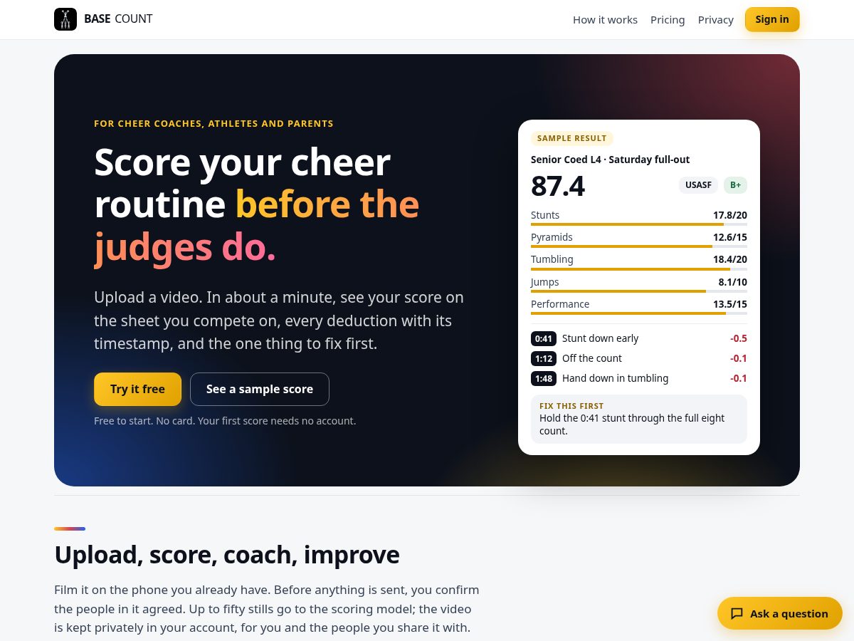 Landing-page snapshot of getbasecount.app