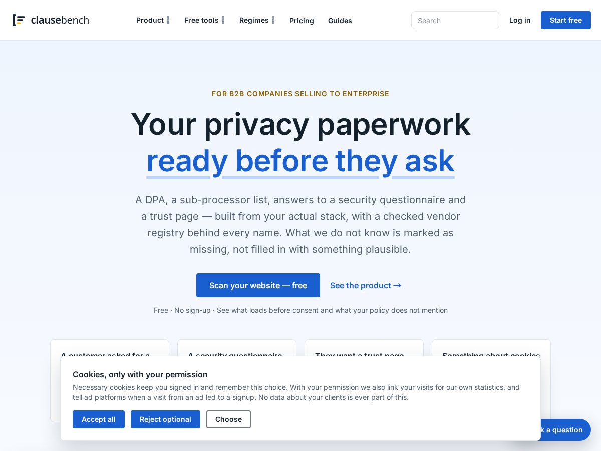 Landing-page snapshot of getclausebench.com