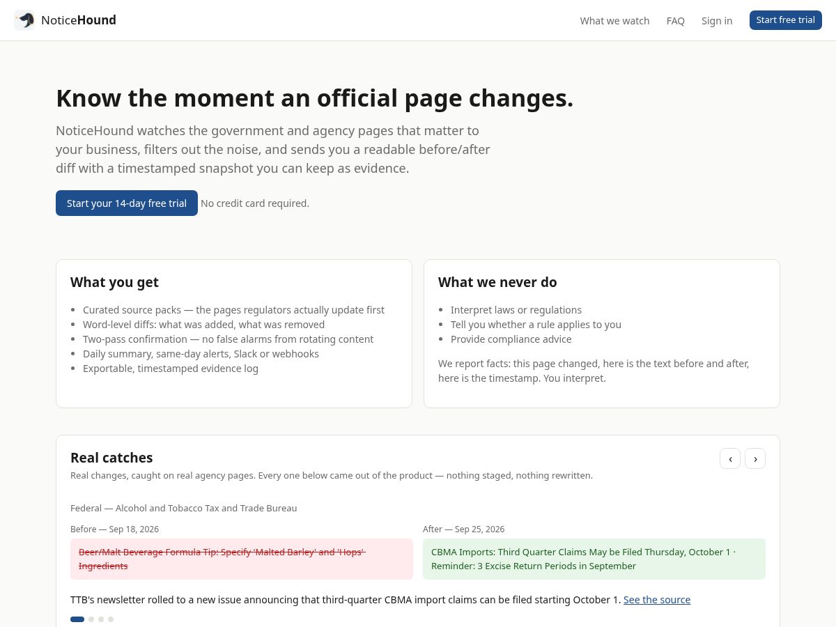 Landing-page snapshot of getnoticehound.com