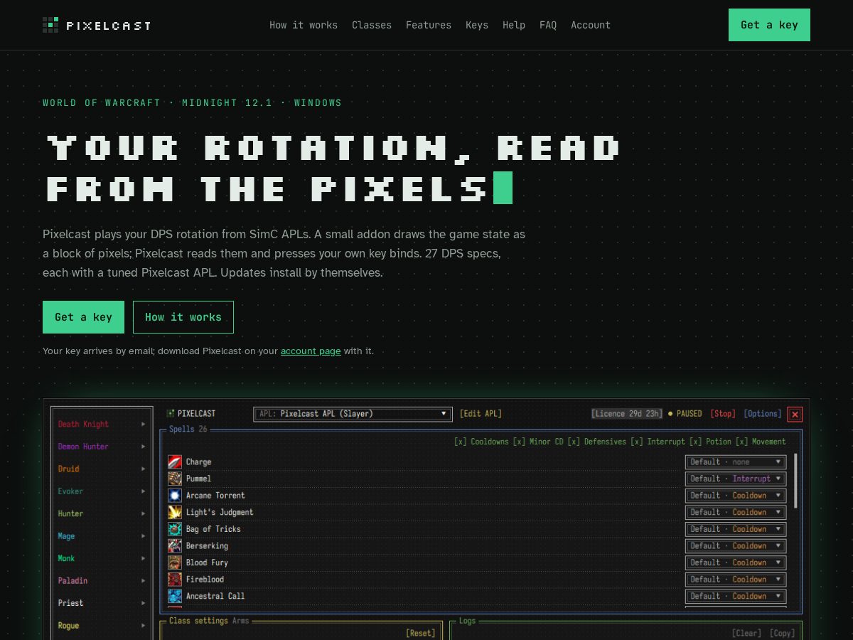 Landing-page snapshot of getpixelcast.app