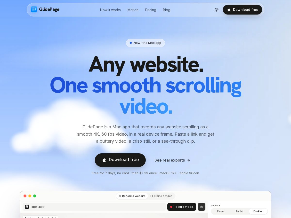 Landing-page snapshot of glidepage.app