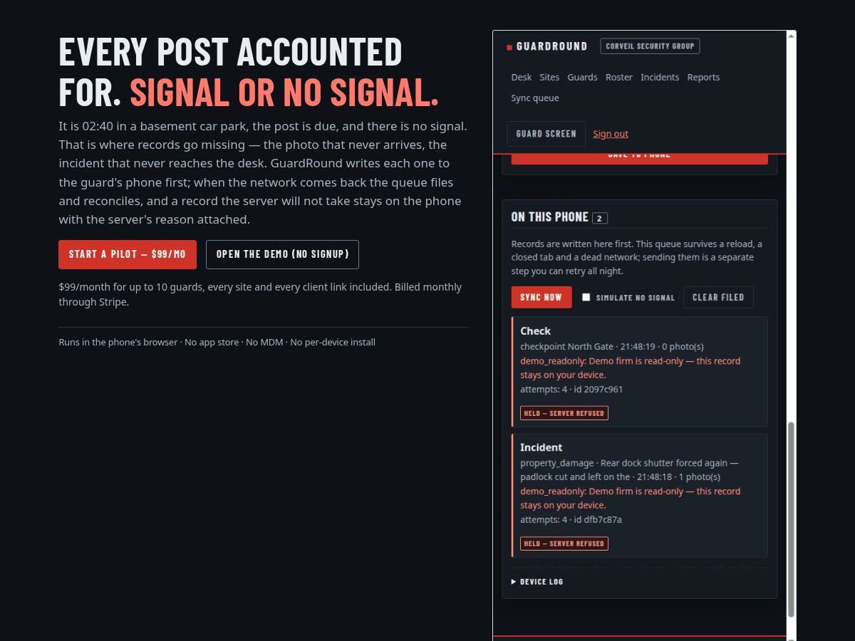 Landing-page snapshot of guardround.app