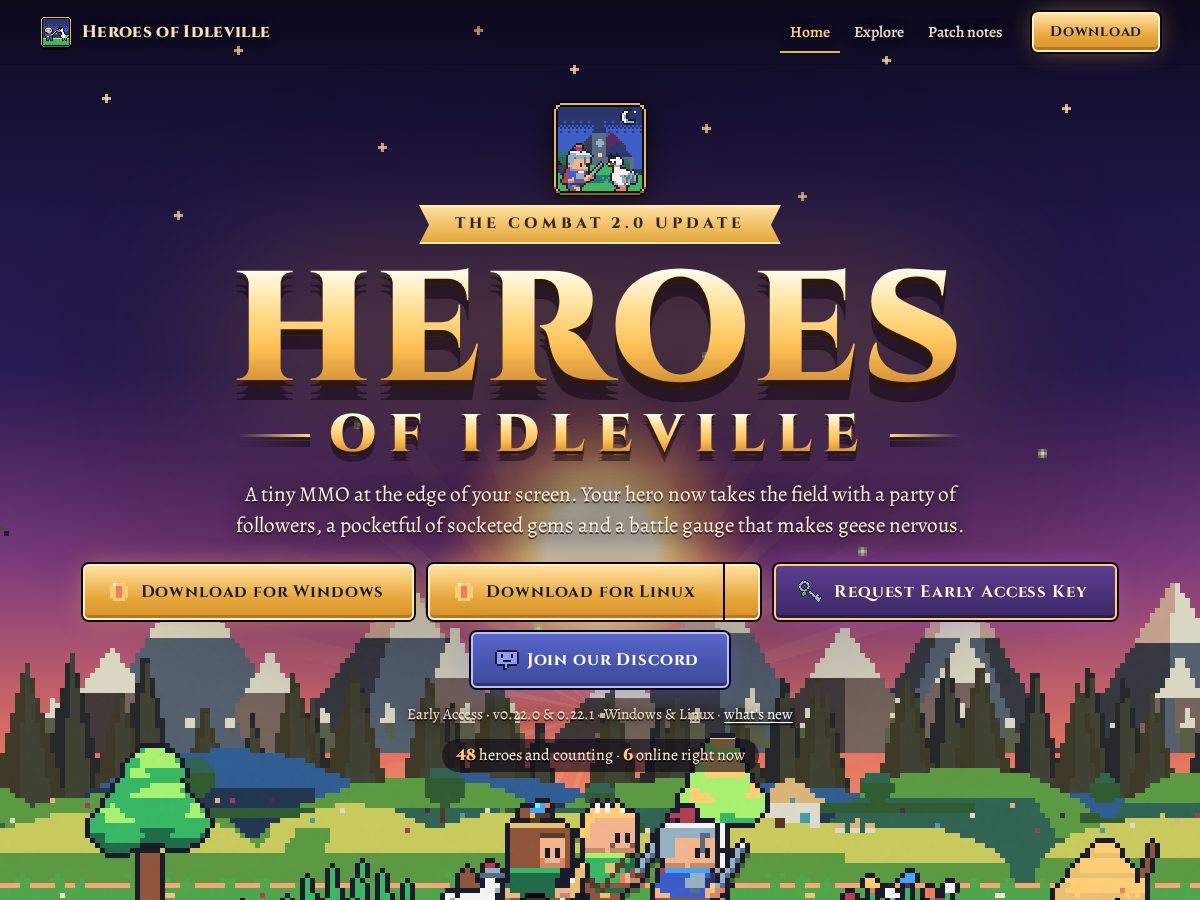Landing-page snapshot of heroesofidleville.com