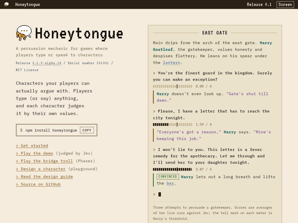 Landing-page snapshot of honeytongue.dev
