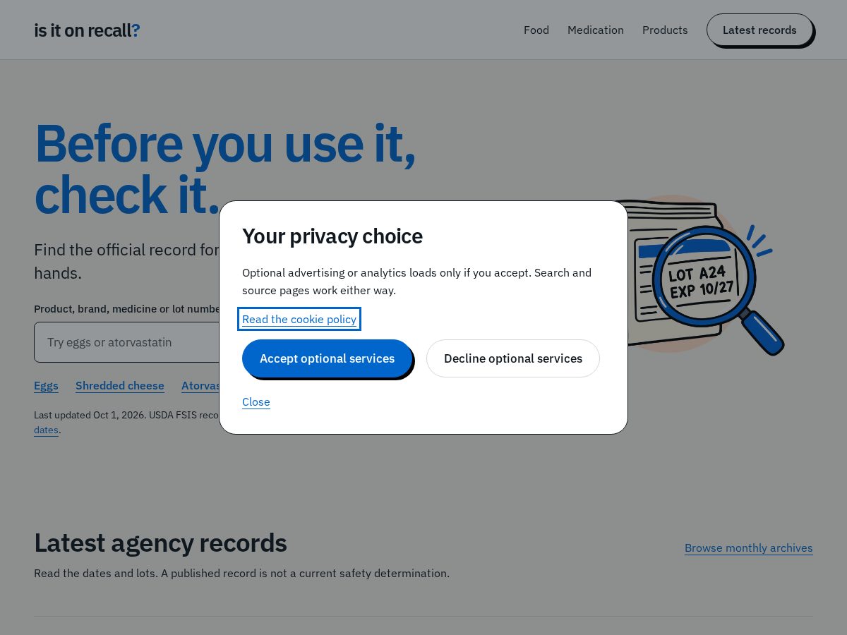 Landing-page snapshot of isitonrecall.com
