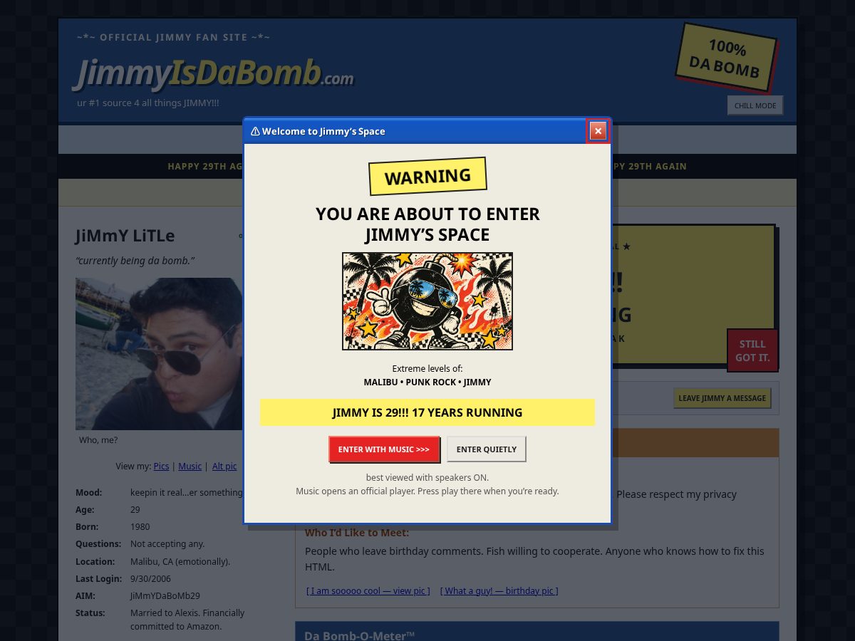 Landing-page snapshot of jimmyisdabomb.com