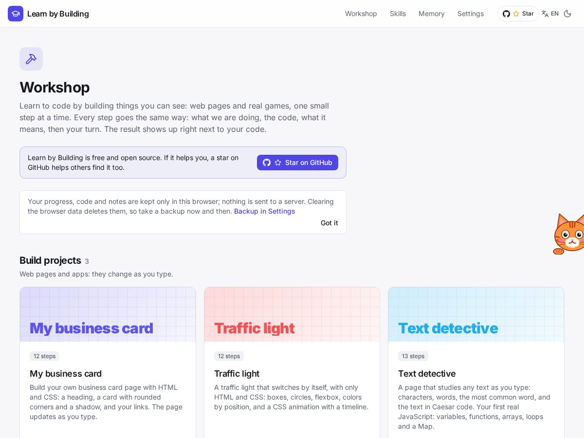 Landing-page snapshot of learnbybuilding.dev