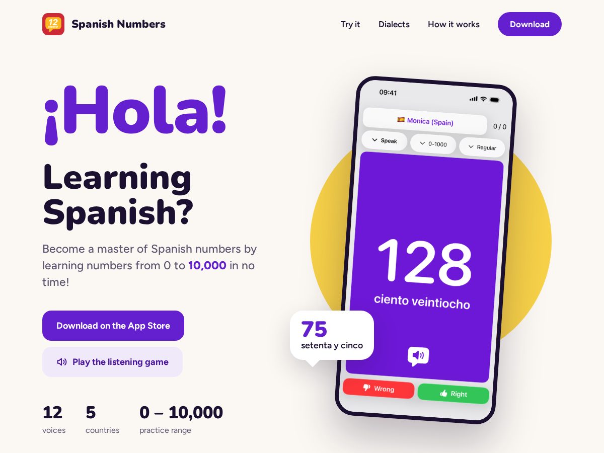 Landing-page snapshot of learnspanishnumbers.app