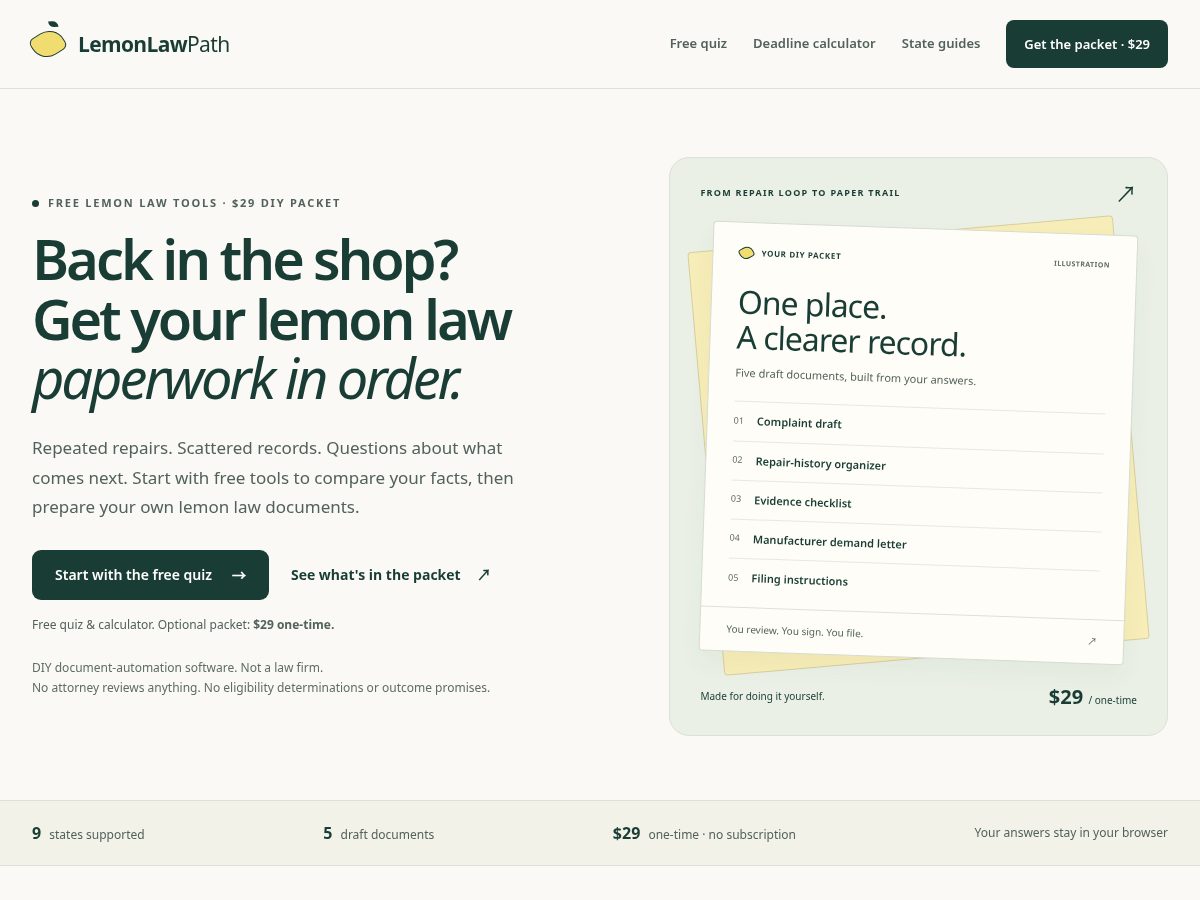 Landing-page snapshot of lemonlawpath.com