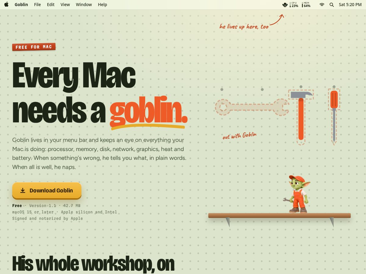 Landing-page snapshot of macgoblin.com