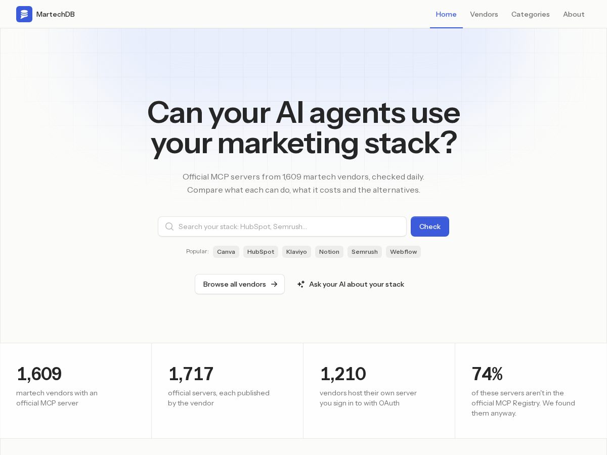 Landing-page snapshot of martechdb.com