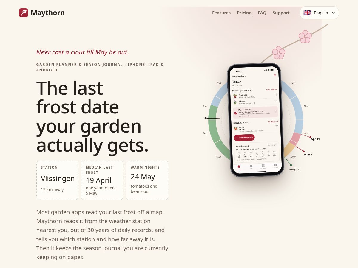 Landing-page snapshot of maythorn.app