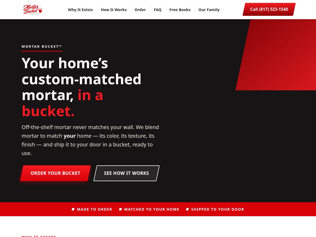 Landing-page snapshot of mortarbucket.com