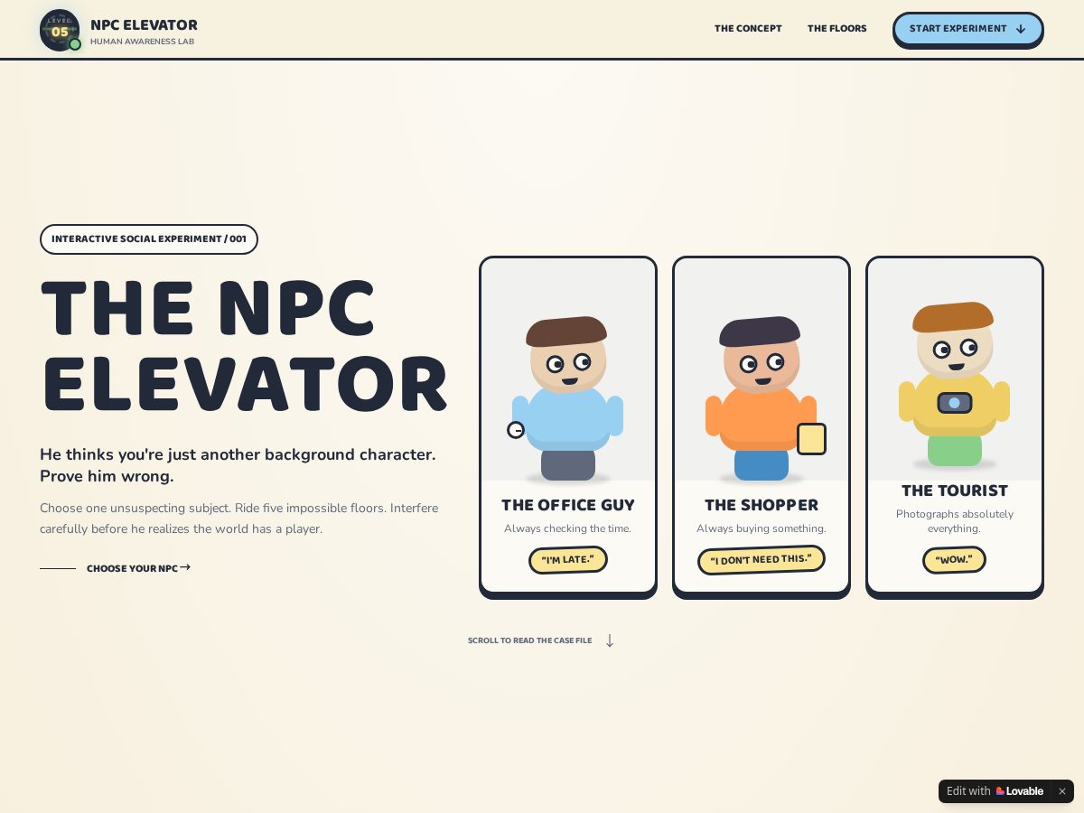 Landing-page snapshot of npcelevator.quest