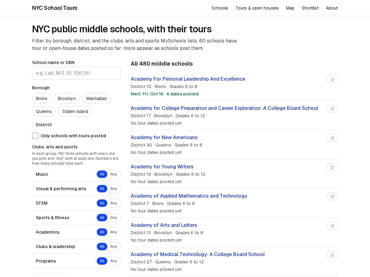 Landing-page snapshot of nycschooltours.org