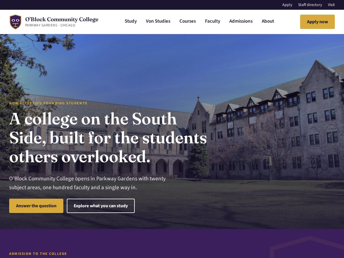 Landing-page snapshot of oblockcollege.com