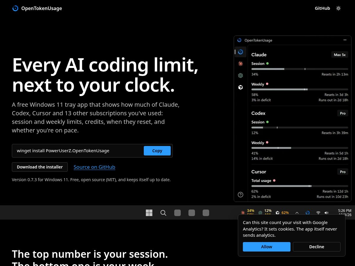 Landing-page snapshot of opentokenusage.app