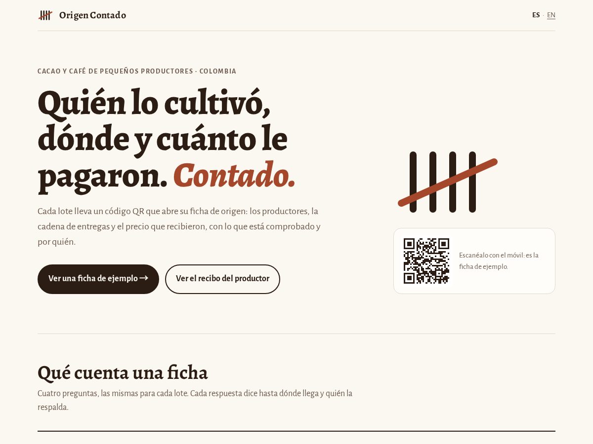 Landing-page snapshot of origencontado.com