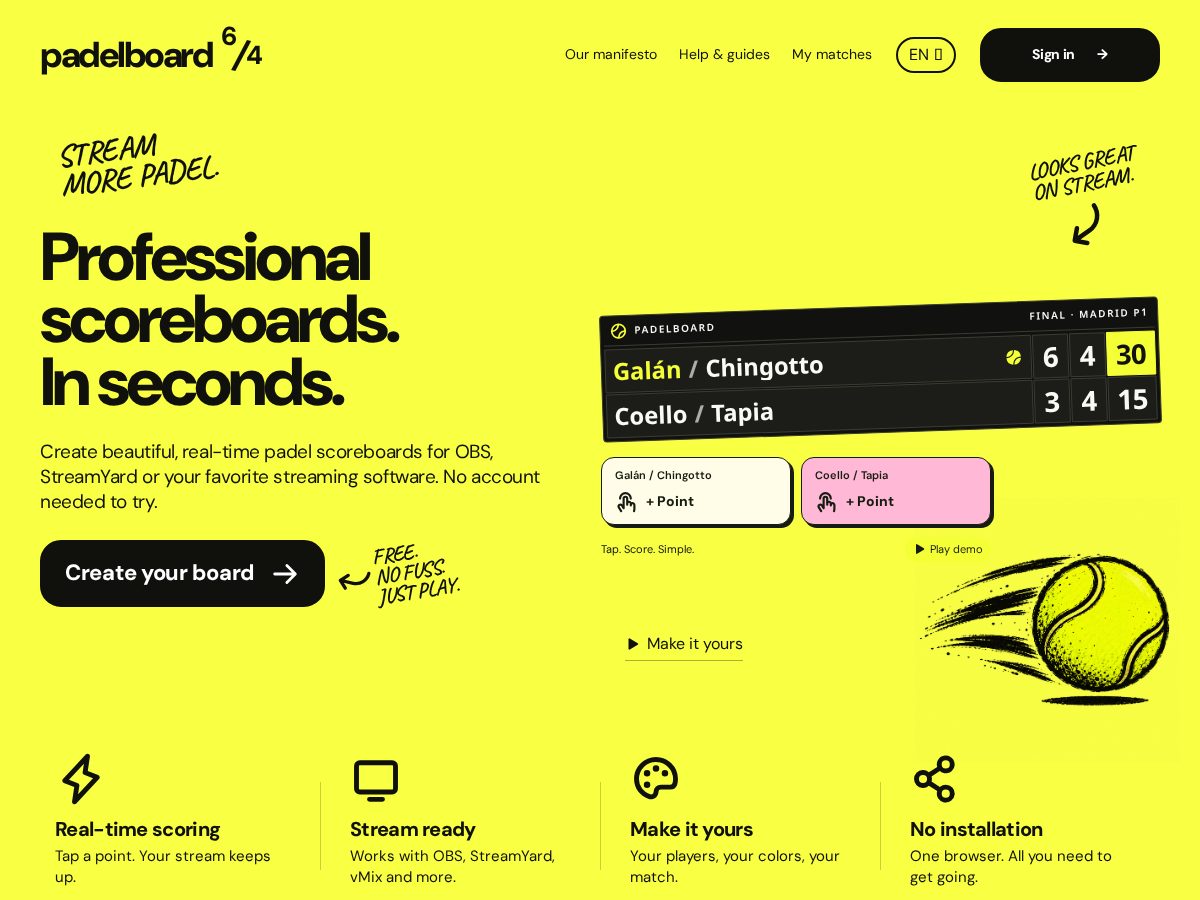 Landing-page snapshot of padelboard.live