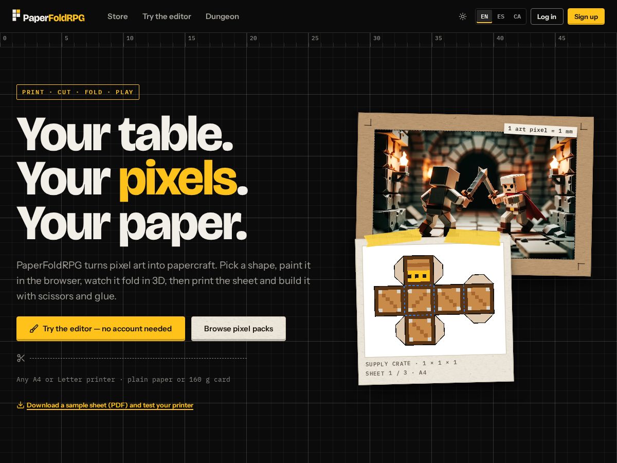 Landing-page snapshot of paperfoldrpg.com