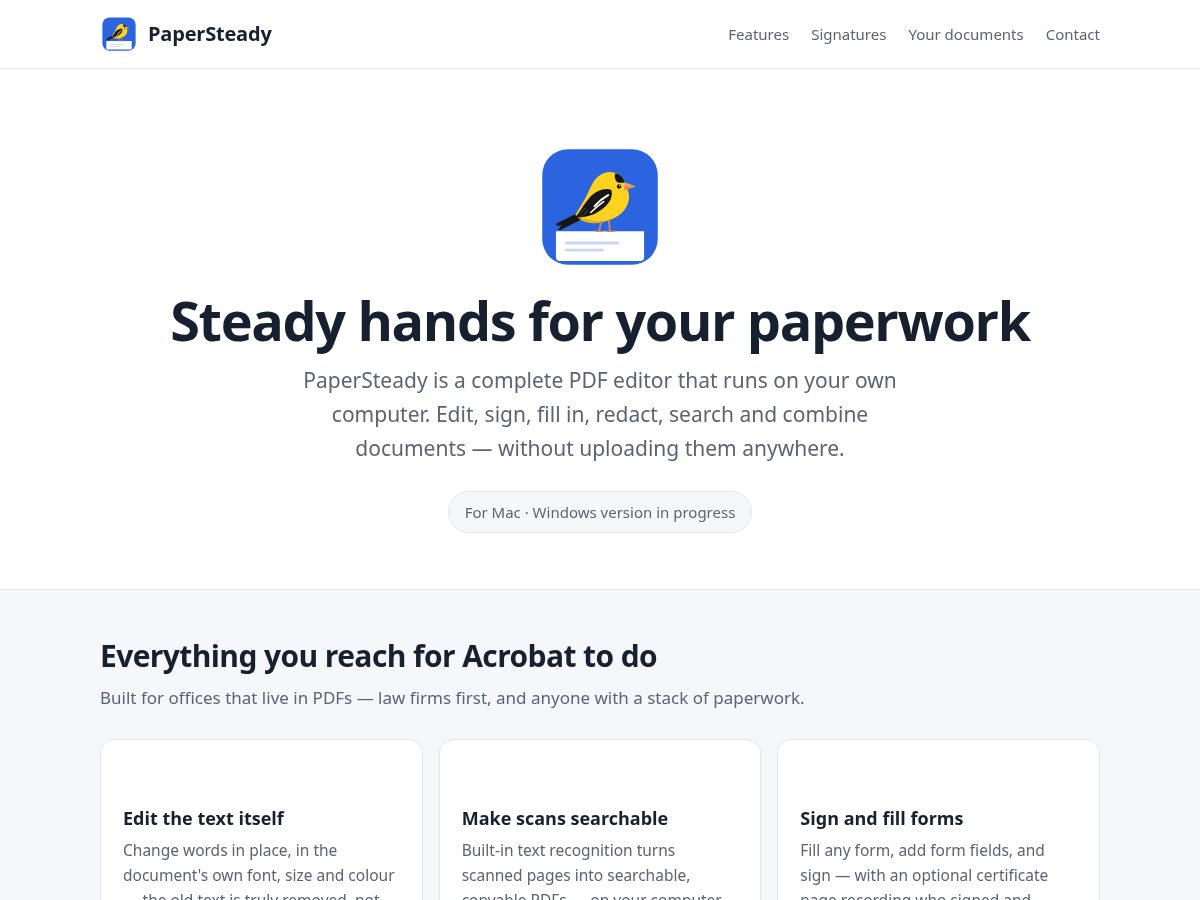 Landing-page snapshot of papersteady.com
