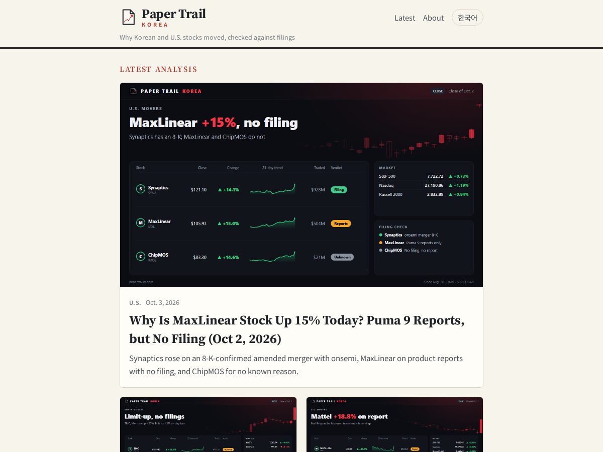 Landing-page snapshot of papertrailkr.com