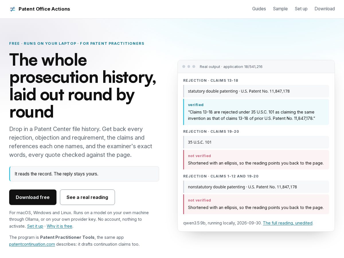 Landing-page snapshot of patent-actions.com