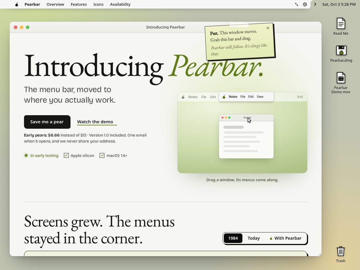 Landing-page snapshot of pearbar.app