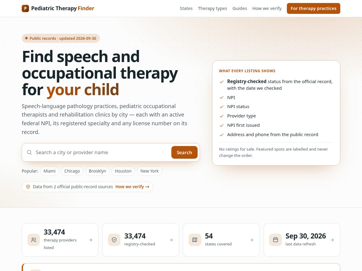 Landing-page snapshot of pediatrictherapyfinder.com