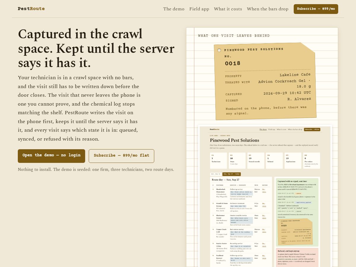 Landing-page snapshot of pestroute.app