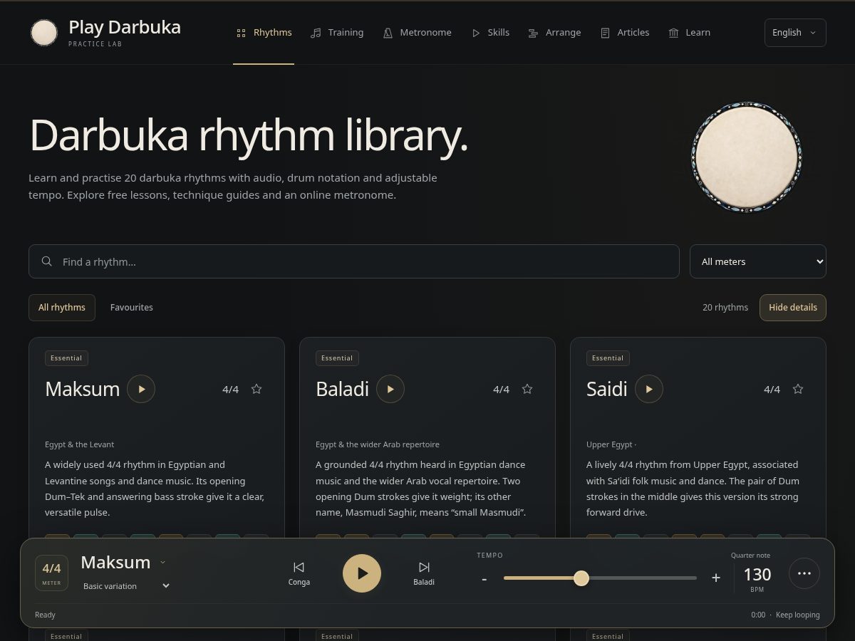 Landing-page snapshot of playdarbuka.com