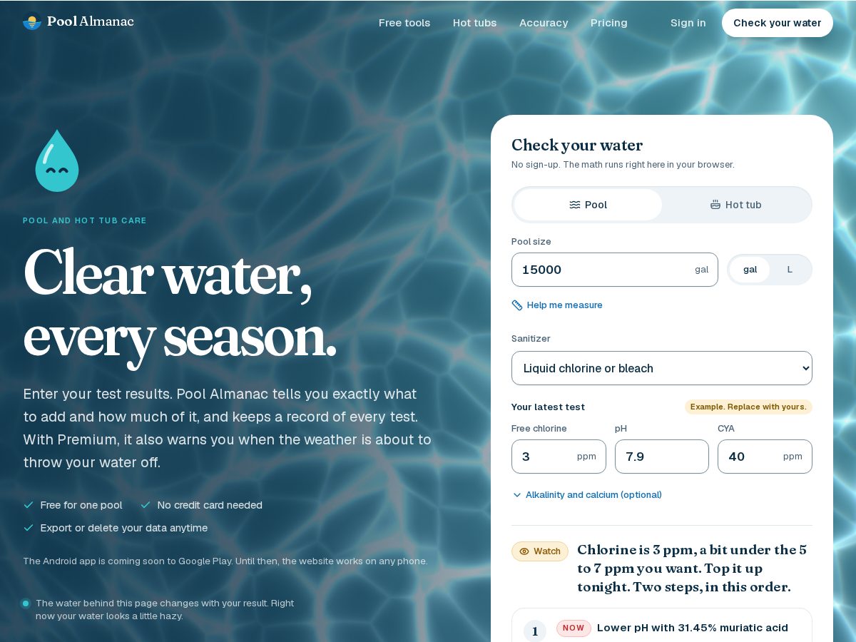 Landing-page snapshot of poolalmanac.com