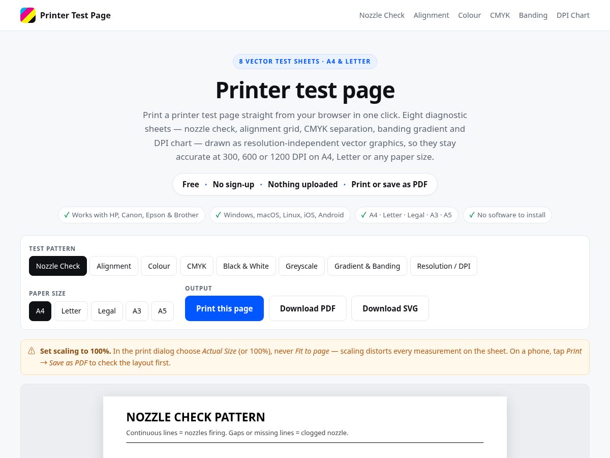 Landing-page snapshot of printtestpro.com