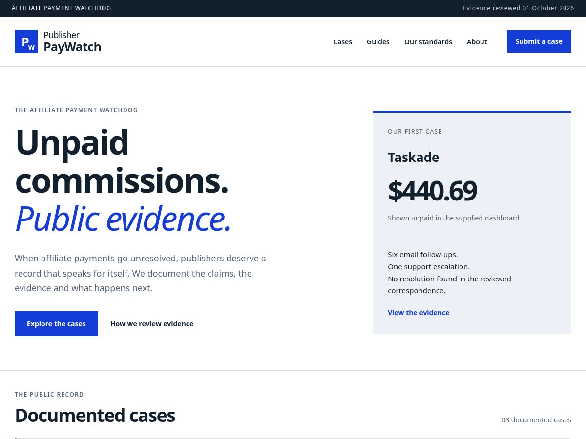 Landing-page snapshot of publisherpaywatch.com