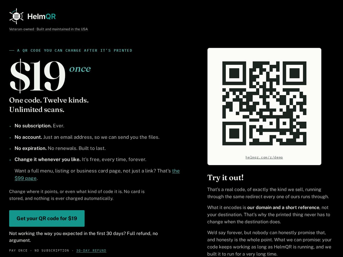 Landing-page snapshot of qrhelm.com