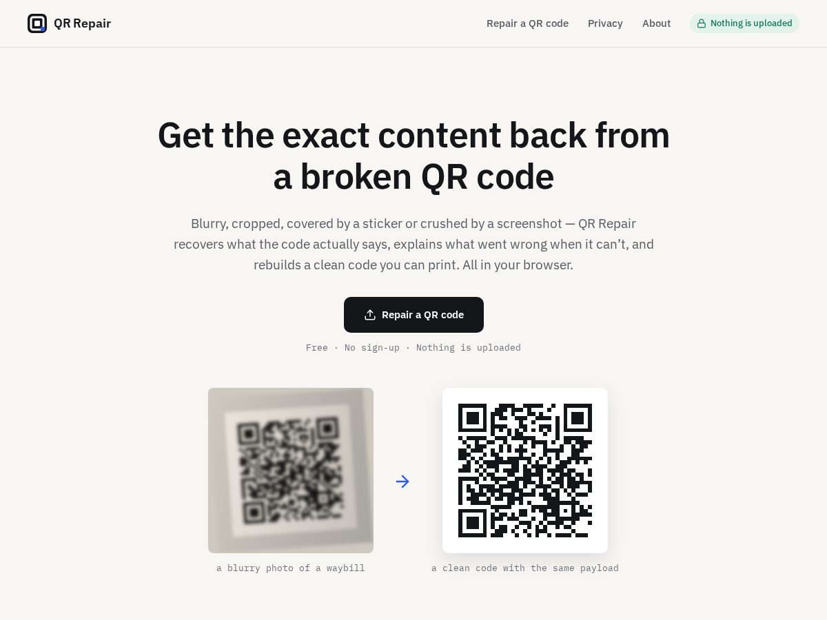 Landing-page snapshot of qrrepair.com