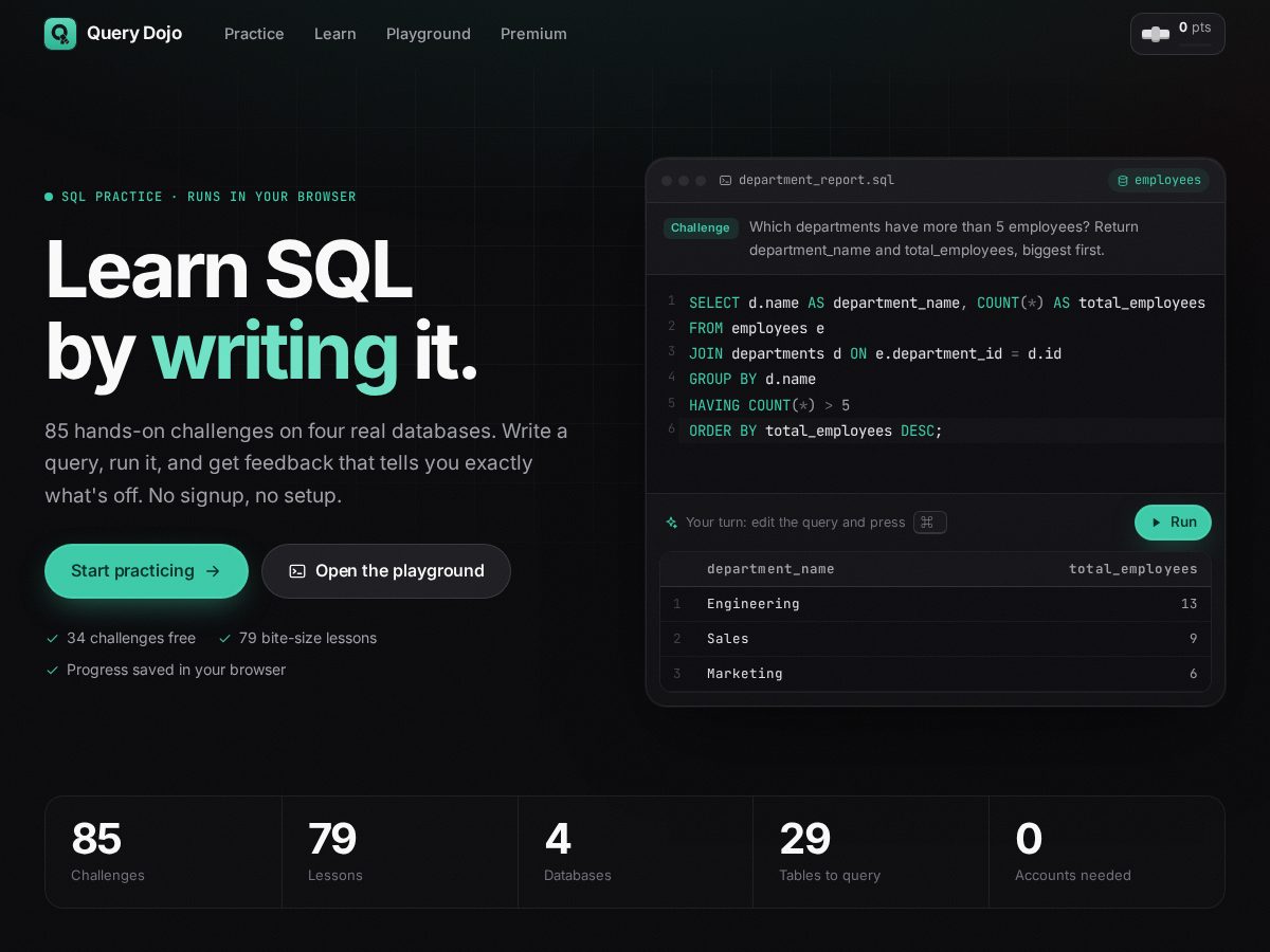 Landing-page snapshot of querydojo.com