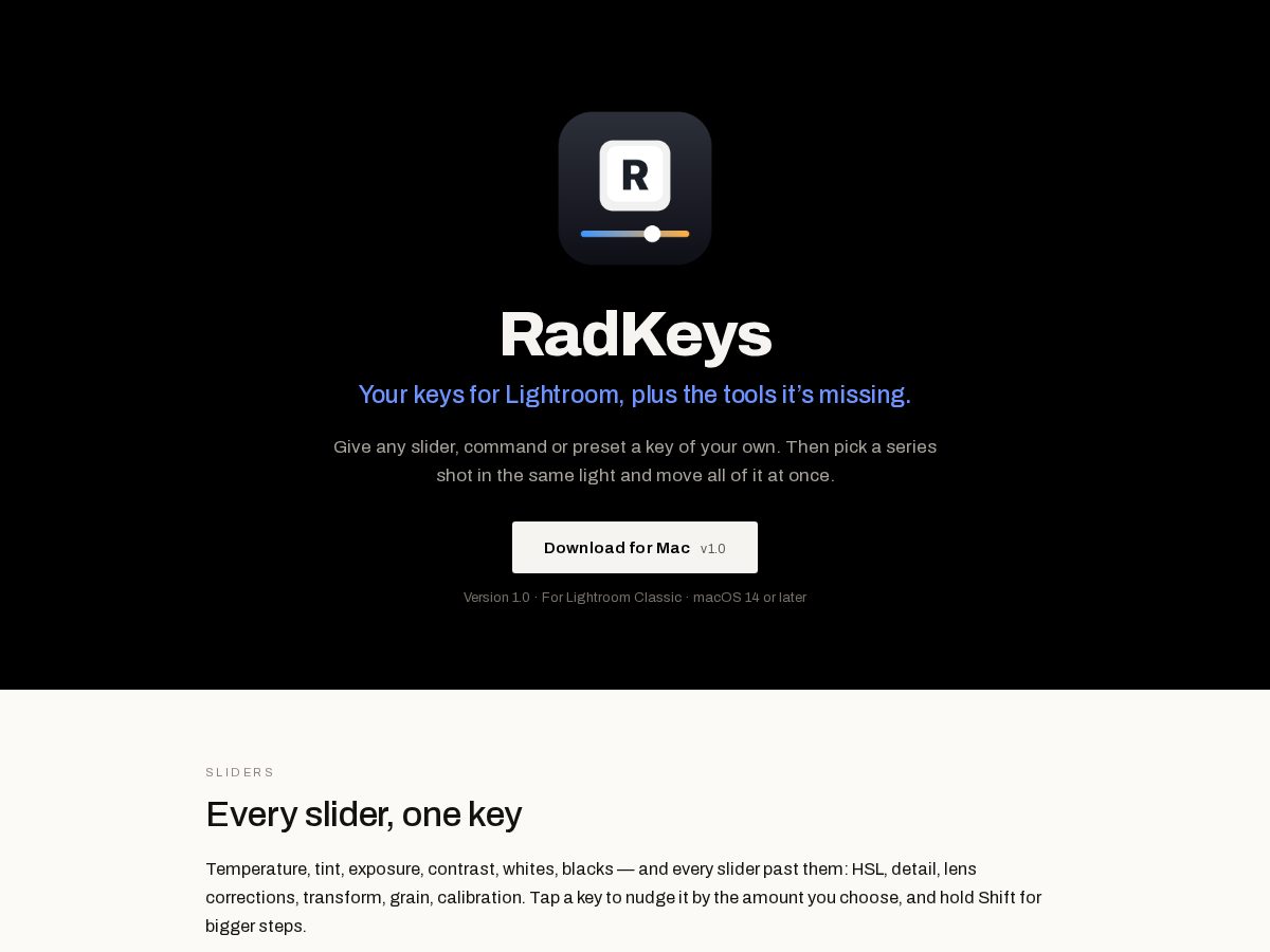 Landing-page snapshot of radkeys.app