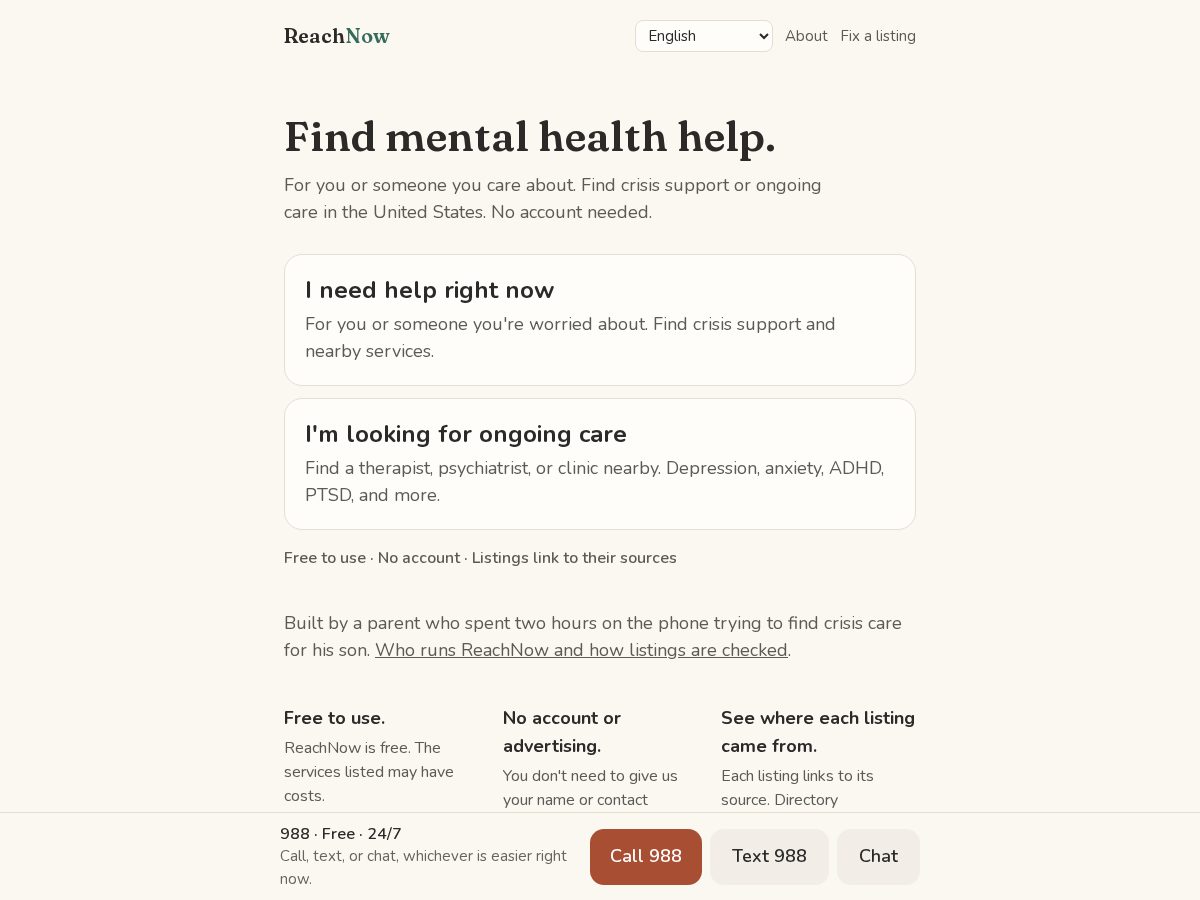 Landing-page snapshot of reachnow.help